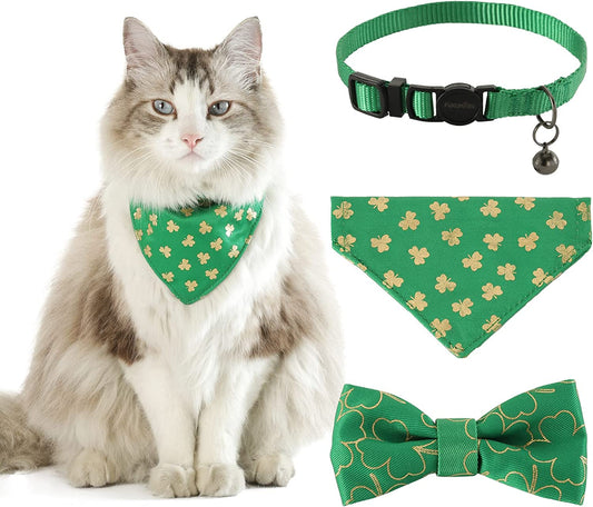 3 Pack Cat Collar with Bandana, Easter Cat Collar with Cute Bow Tie and Bell, for Girl Male Pet Collar, Breakaway, Adjustable, Green, S