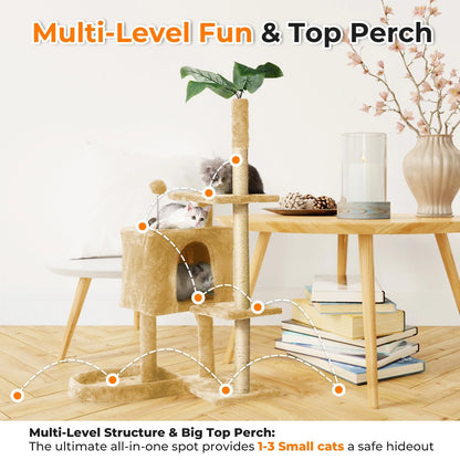 Cat Tree,52" Cat Tower for Indoor Cats, Cat Tree with Scratching Posts Plush Perch Stand, Cat Condo with Funny Toys Kittens Pet Play House,Beige