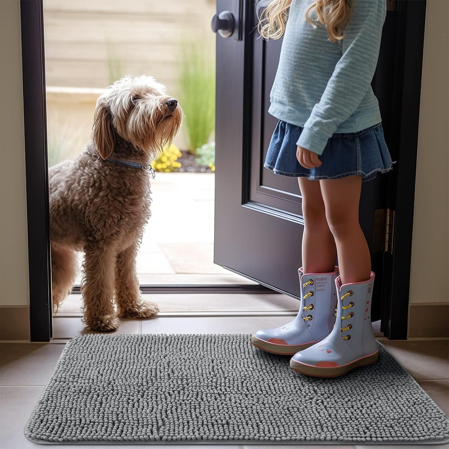 Dog Door Mat for Muddy Paws 30X20, Absorbs Moisture and Dirt, Absorbent Non-Slip Washable Mat, Quick Dry Chenille, Mud Mat for Dogs, Entry Indoor Door Mat for inside Floor, Grey