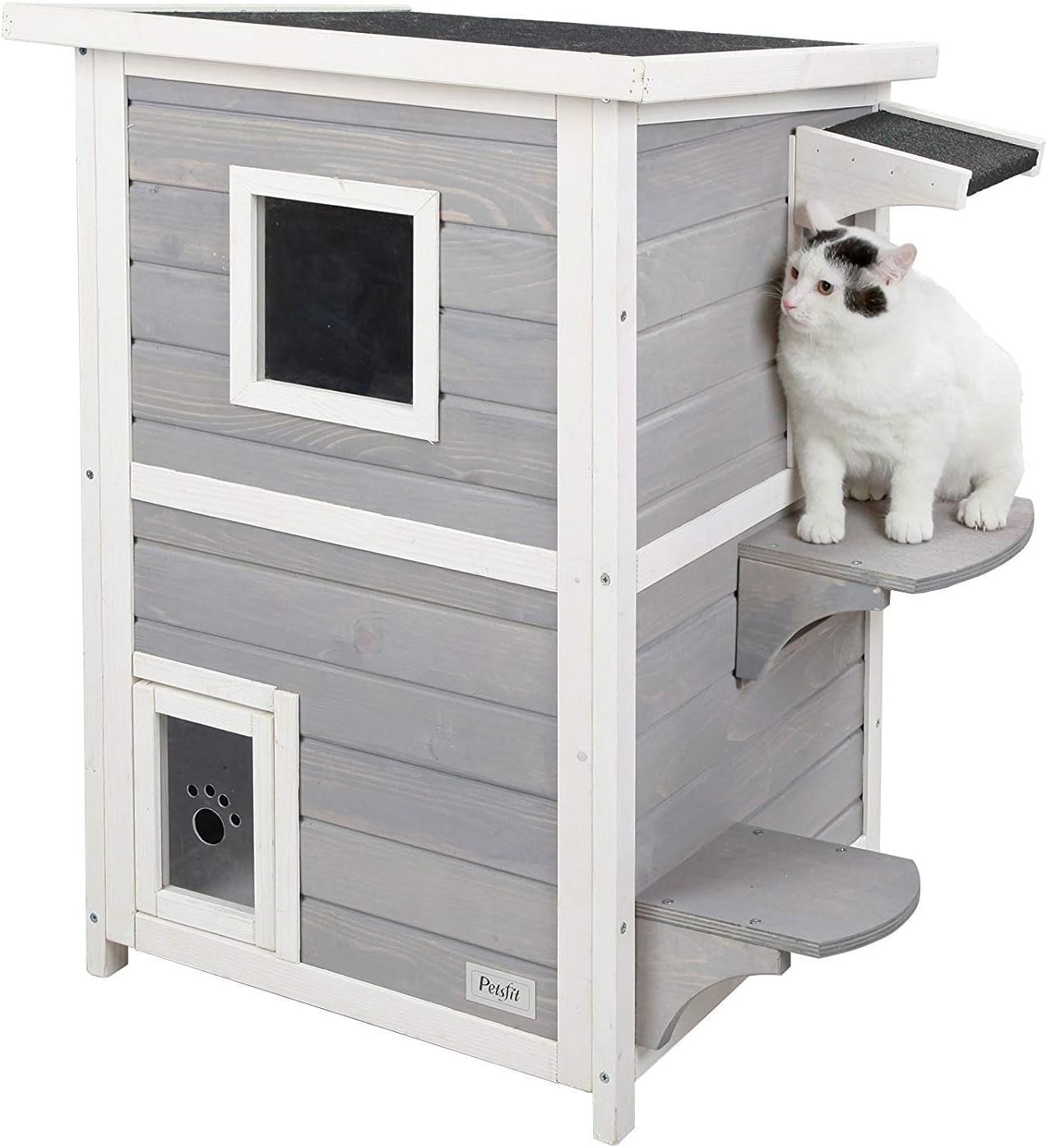 Outdoor Cat House, 2 Story outside Cat Shelter Condo Enclosure with Escape Door for Stray Feral Cats Weatherproof