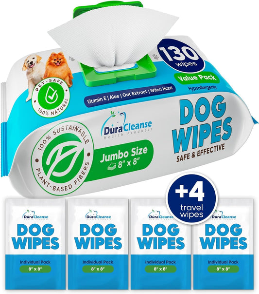 Professional Title: 
"Pet Grooming Wipes for Dogs and Cats - 130 Count + 4 Travel Size - Hypoallergenic, Extra Thick, Deodorizing Bath Wipes for Paws, Butt, and Face - 8" X 8" Large Size"