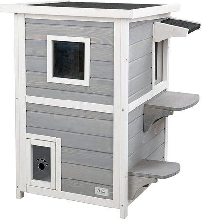 Outdoor Cat House, 2 Story outside Cat Shelter Condo Enclosure with Escape Door for Stray Feral Cats Weatherproof