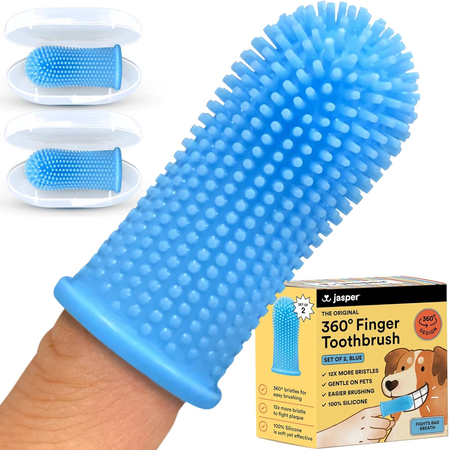 Pet Oral Care Kit with 360º Dog Toothbrush, Cat Toothbrush, and Finger Toothbrush - Blue (2-Pack)