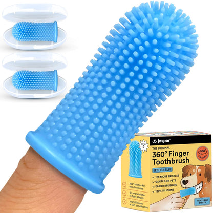 Pet Oral Care Kit with 360º Dog Toothbrush, Cat Toothbrush, and Finger Toothbrush - Blue (2-Pack)